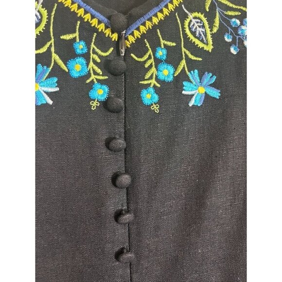 Retro Floral Linen Tank Dress 14 Black Cottagecore Embroidery Boho Old Money 90s - Picture 7 of 13